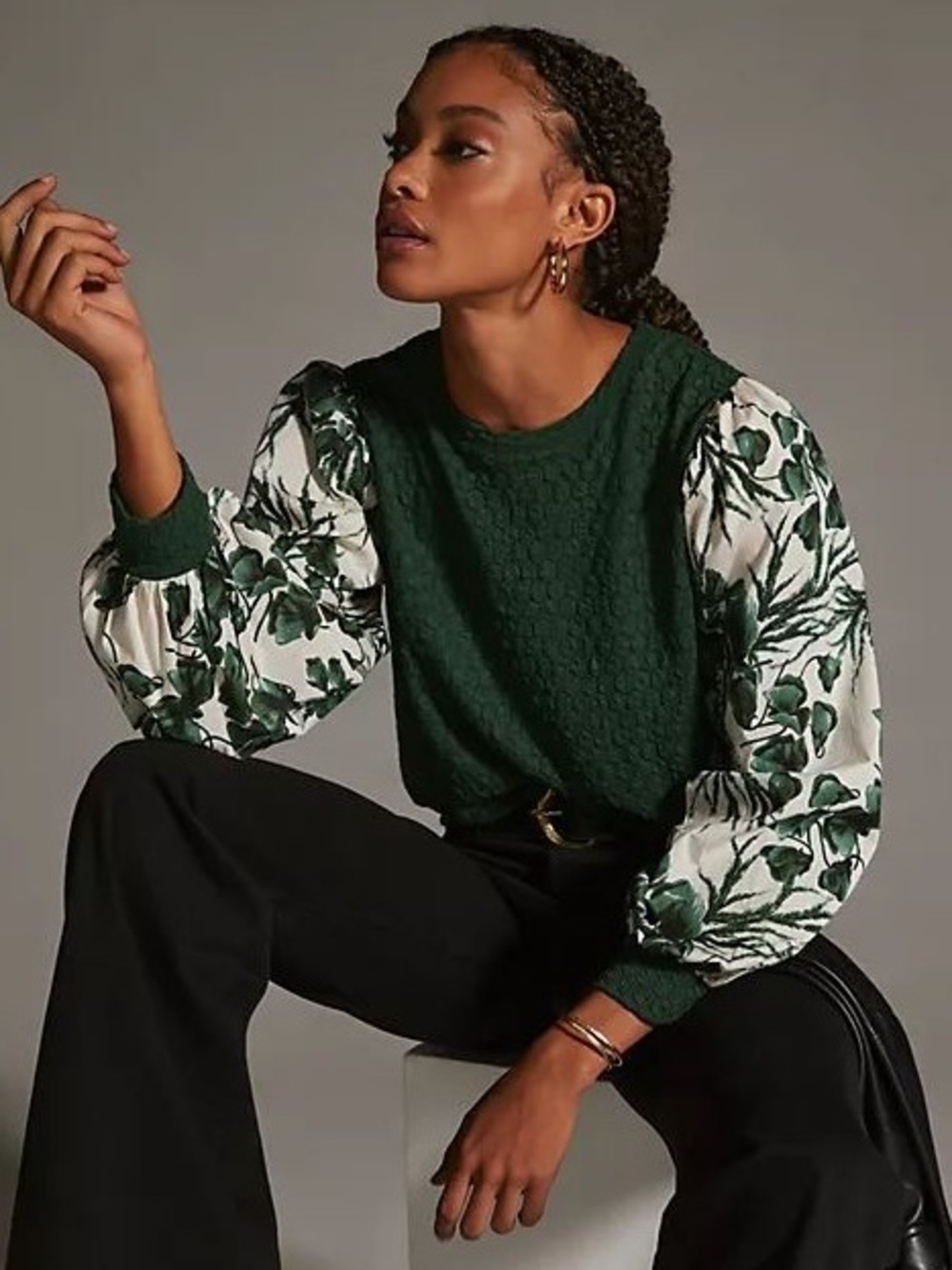 Porridge by Anthropologie textured sweatshirt in green and white size XS